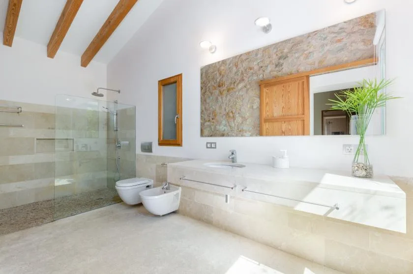 Un baño luminoso con una ducha de vidrio y una amplia encimera de lavabo.