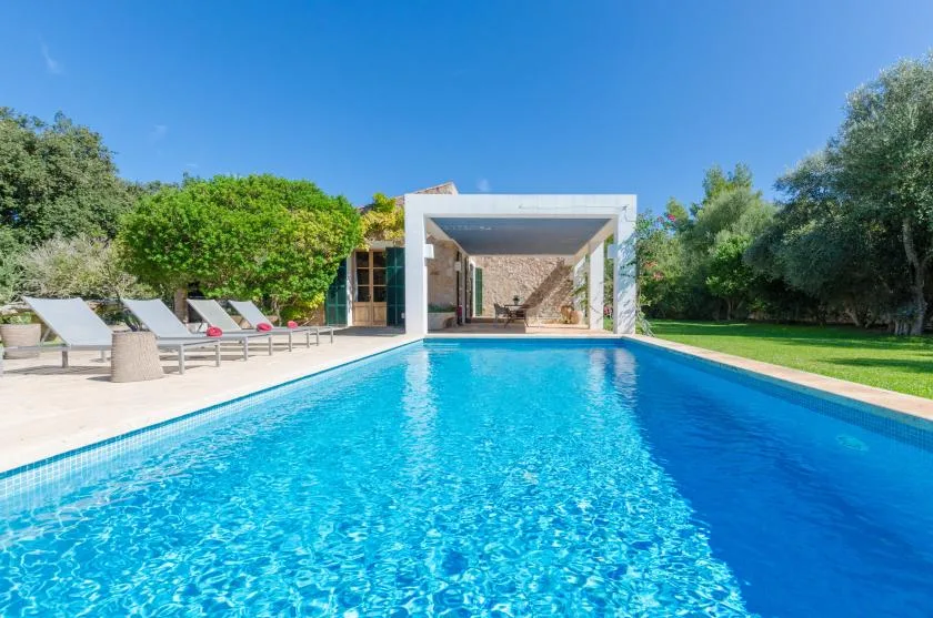 Una piscina junto a una terraza pavimentada con asientos y vegetación.