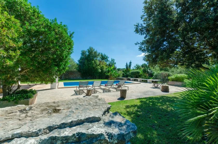Una piscina al aire libre está junto a un patio pavimentado con asientos y árboles.