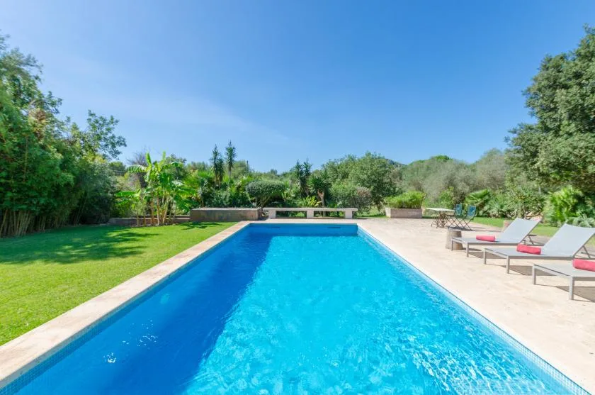 Una piscina al aire libre junto al césped, con asientos de descanso en el patio.