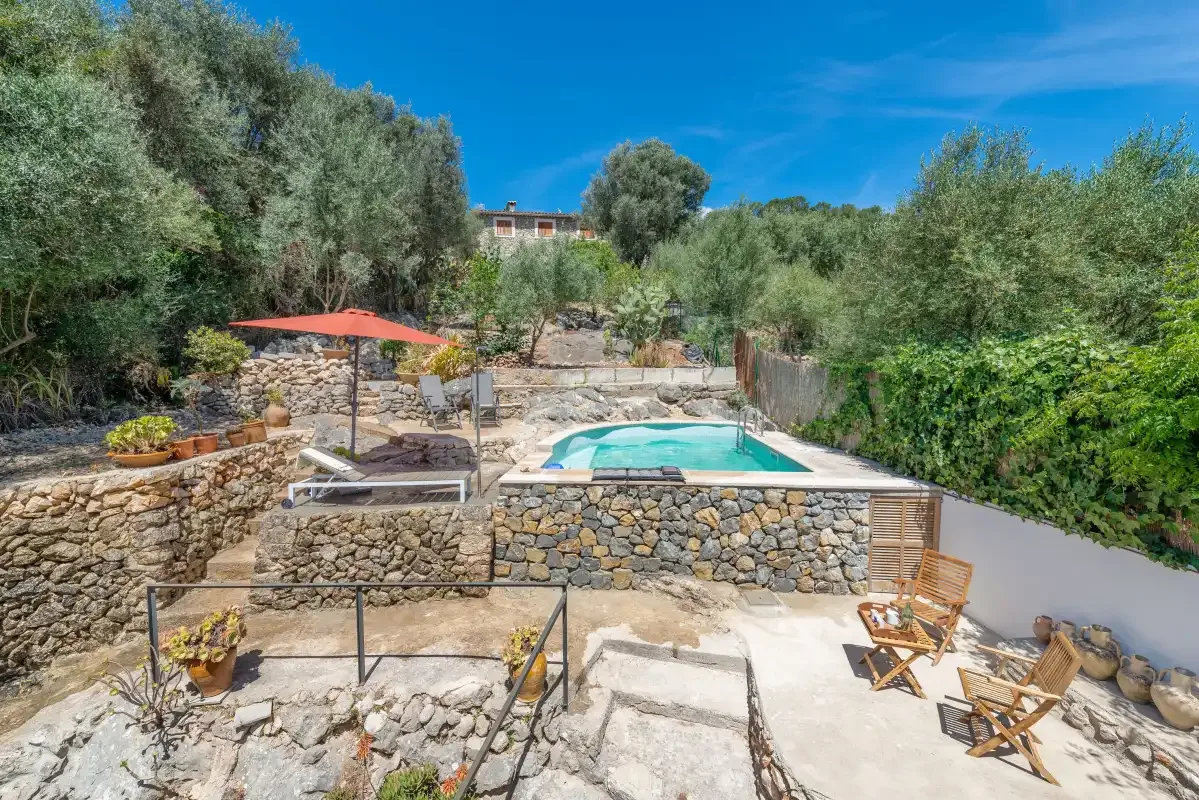 A small outdoor pool sits among stone terraces, trees, and patio seating.