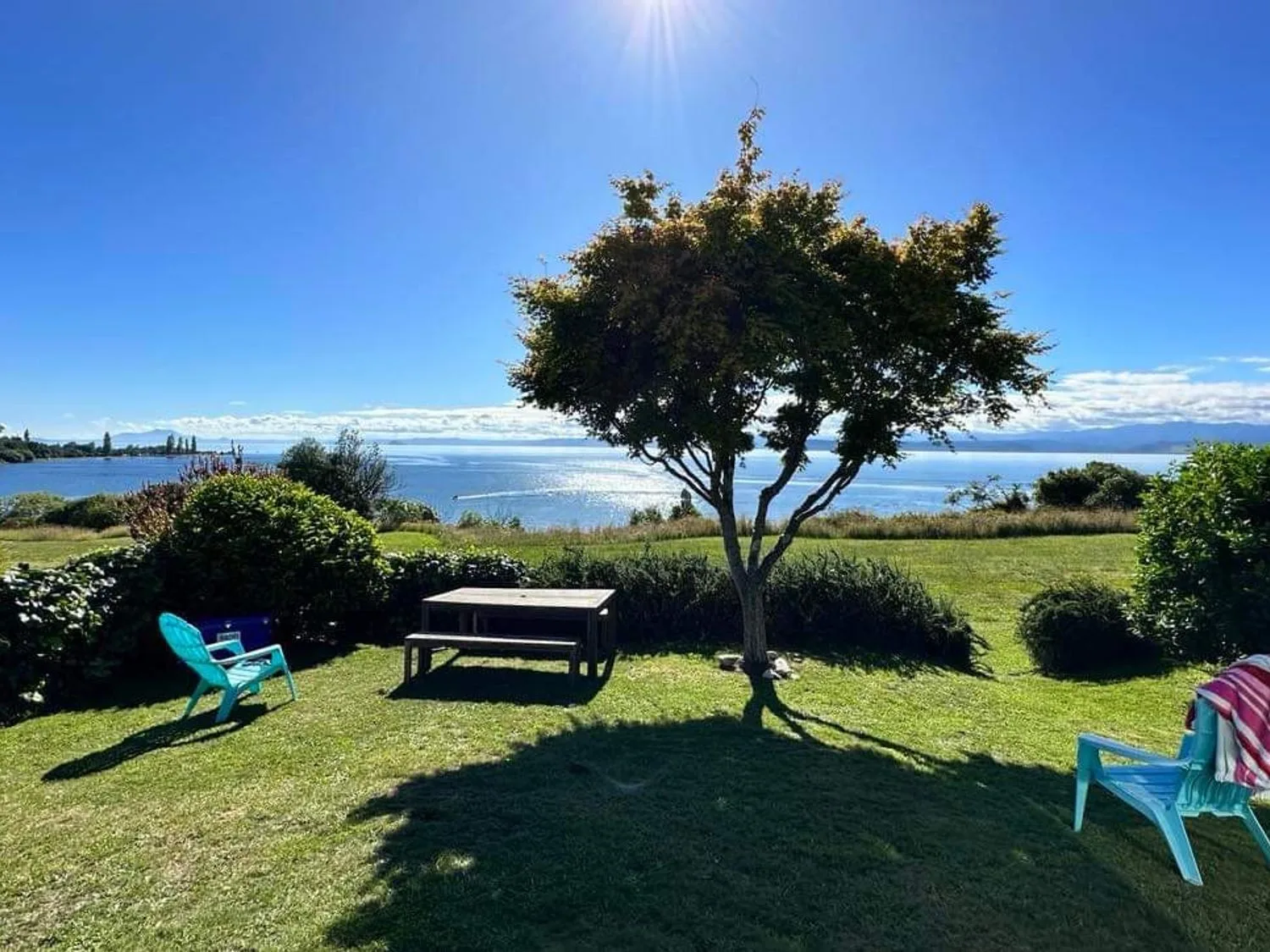 Un jardín con un árbol, una mesa de pícnic y dos sillas azules con vistas a una masa de agua en Henley - Omori Holiday Home, en Omori