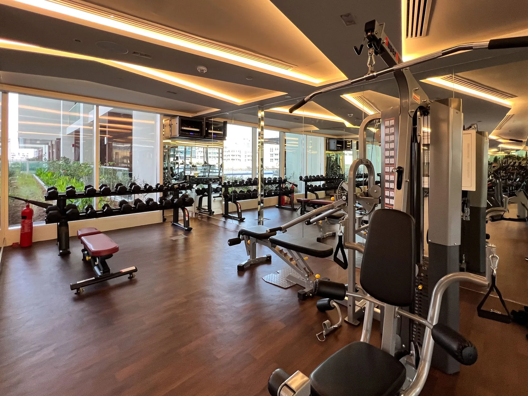 A gym with weight machines and dumbbells beside large windows.