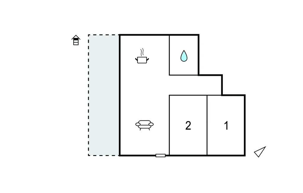 A simple floor plan shows two labeled rooms and a seating area.
