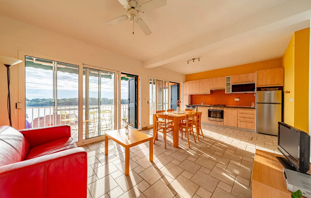 Bright open-plan living and kitchen area with dining table and large windows.