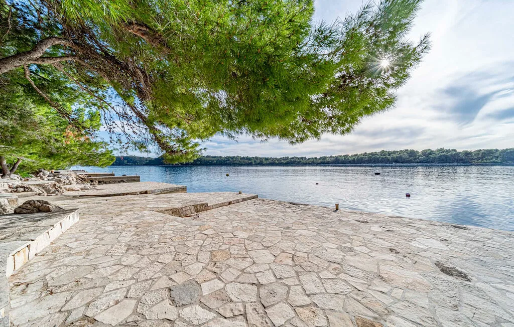 A stone-paved waterfront terrace overlooks calm water beneath leafy trees.