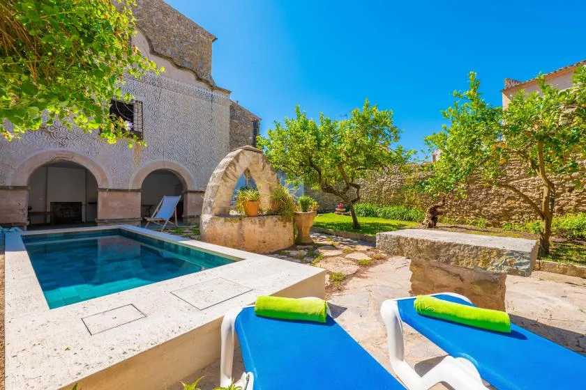 A sunny courtyard features a swimming pool, lounge chairs, and leafy trees.