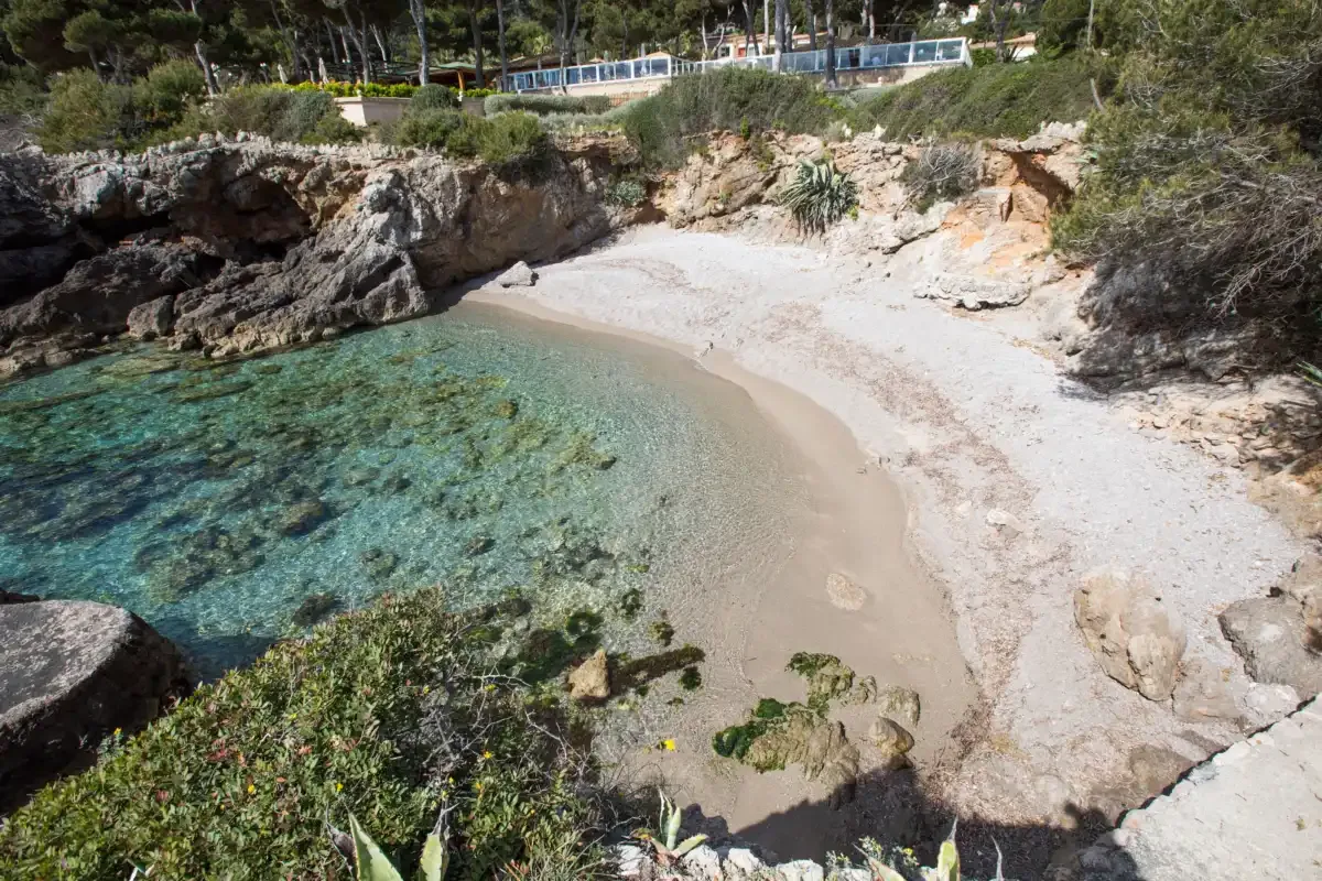 A small cove with clear turquoise water and a sandy beach.