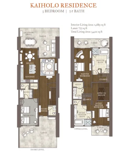 A two-level residence floor plan shows labeled rooms, furniture, and outdoor lanais.