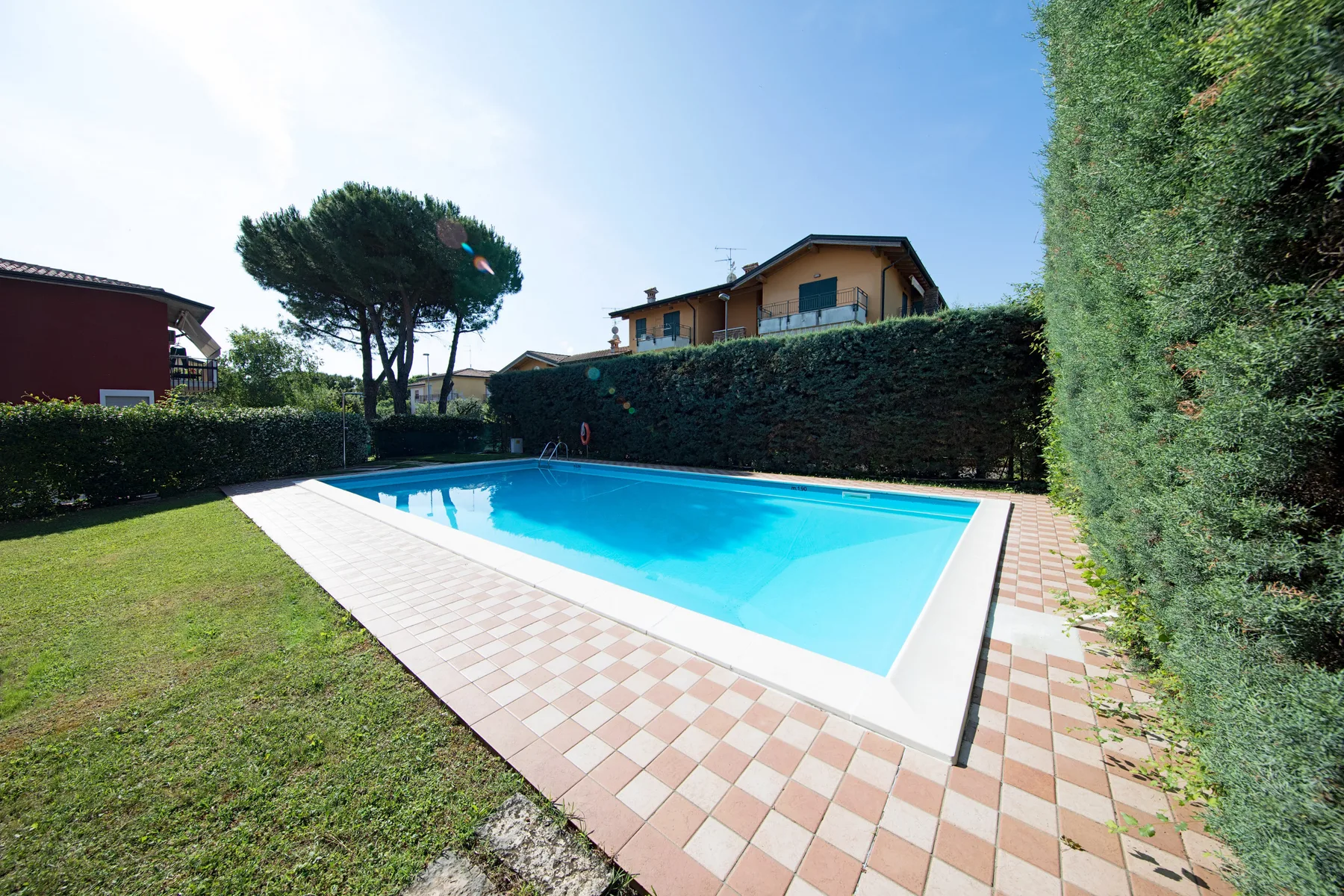 An outdoor swimming pool bordered by a tiled walkway, lawn, and tall hedges.