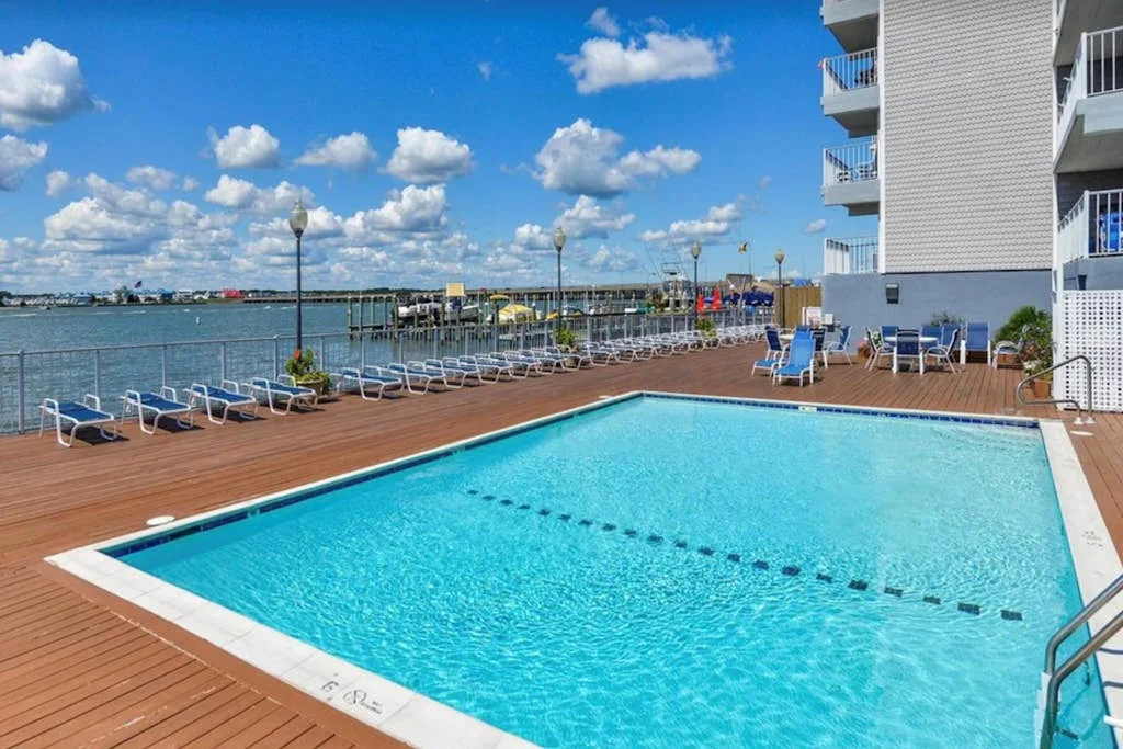 A rooftop swimming pool sits beside a wooden deck overlooking the waterfront.