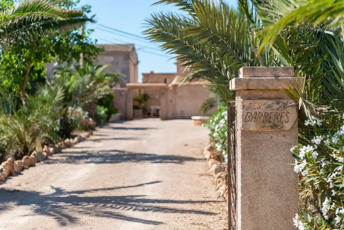 A sunlit path leads toward a building, with palm trees and a stone entrance marker.