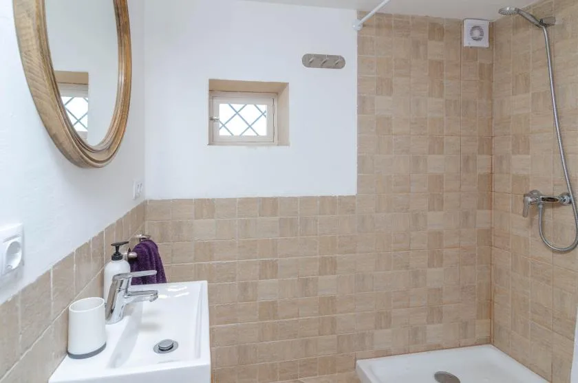 A tiled bathroom with a sink, mirror, and shower.