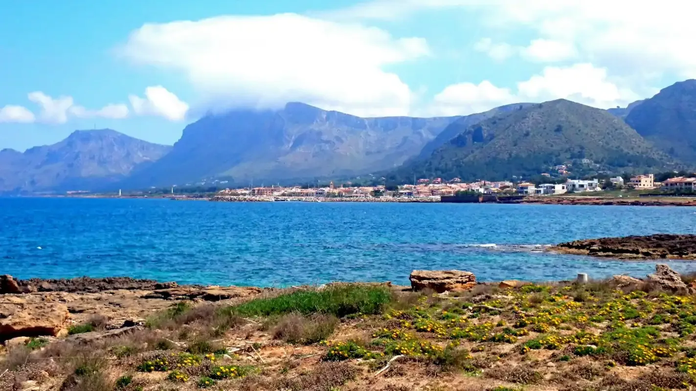 A rocky shoreline with blue water and mountains in the distance.