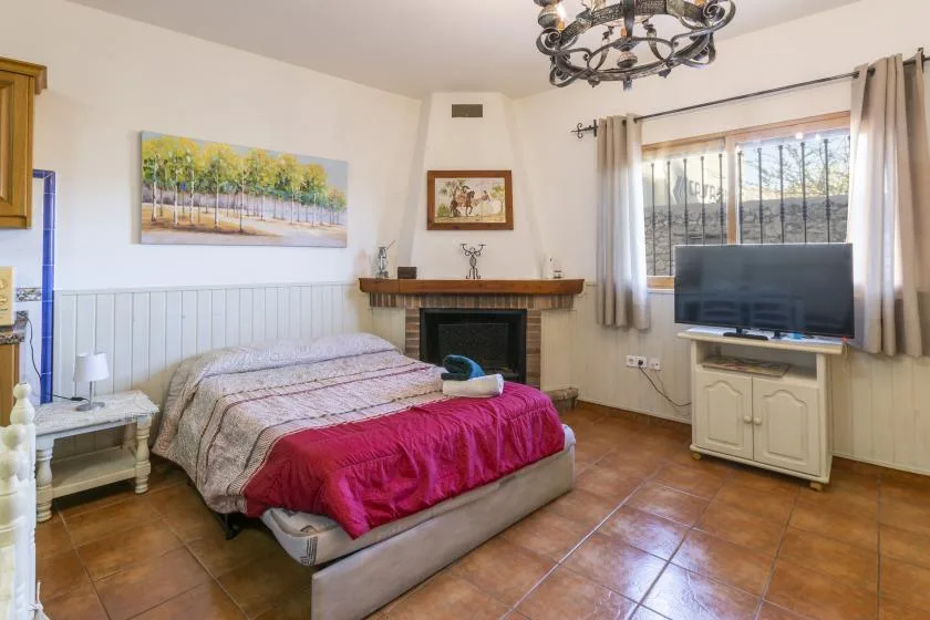 A bedroom with a bed, fireplace, and television beside a window.