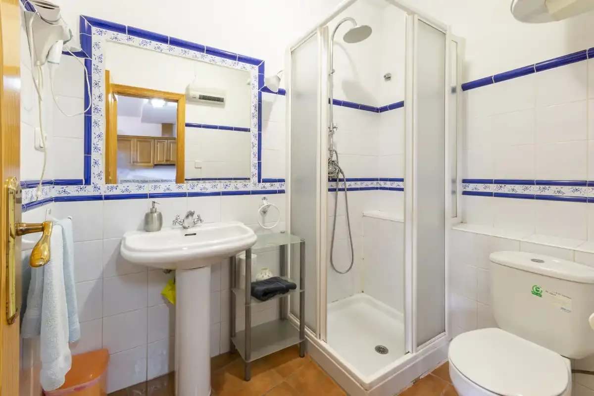 Un baño alicatado con lavabo, ducha e inodoro.
