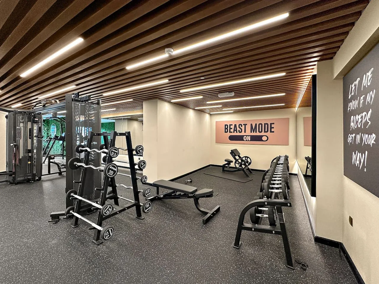 Un gimnasio con equipo de pesas y mancuernas bajo un techo de listones de madera.