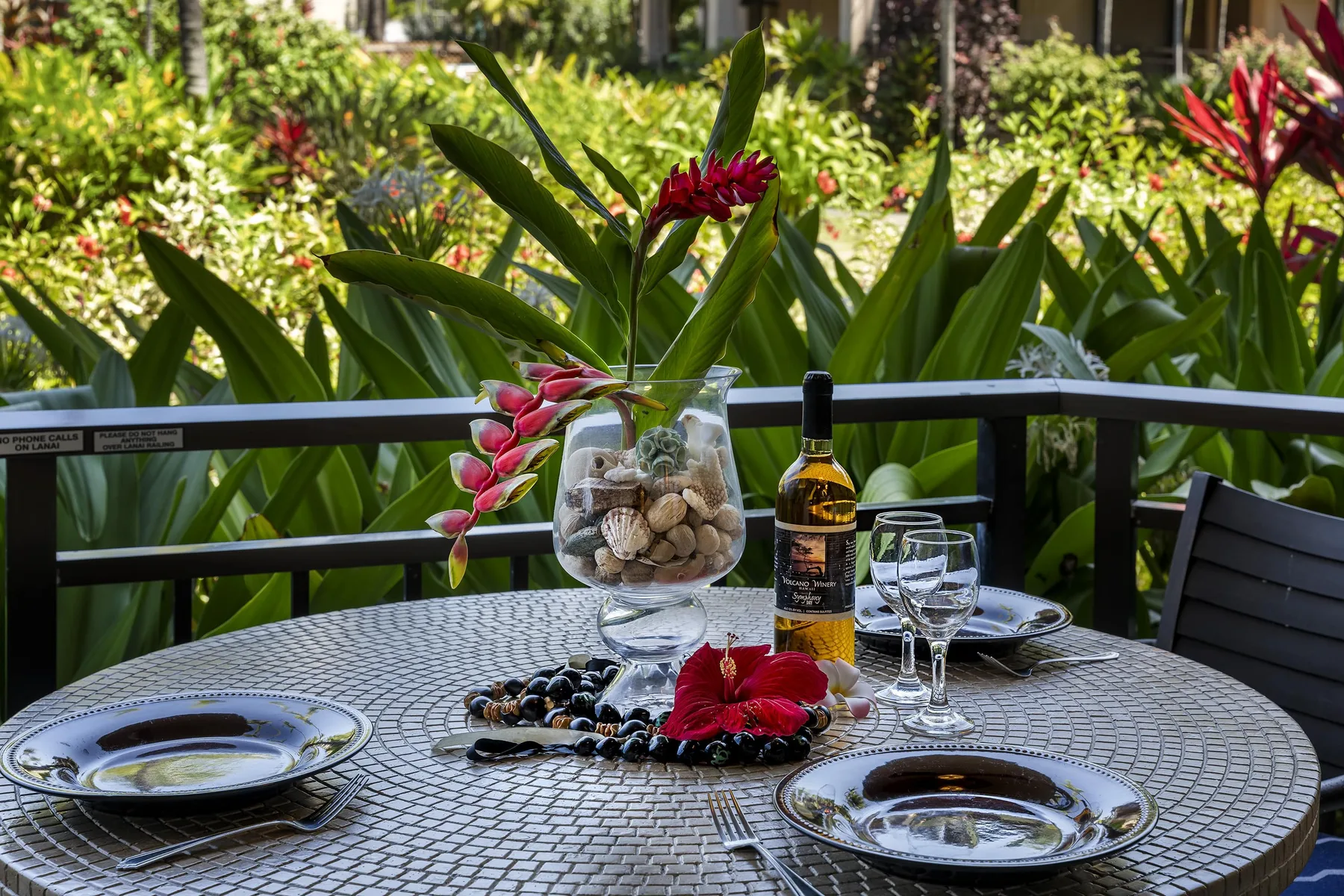 Una mesa de comedor al aire libre está puesta con platos, copas y una botella junto a plantas frondosas.
