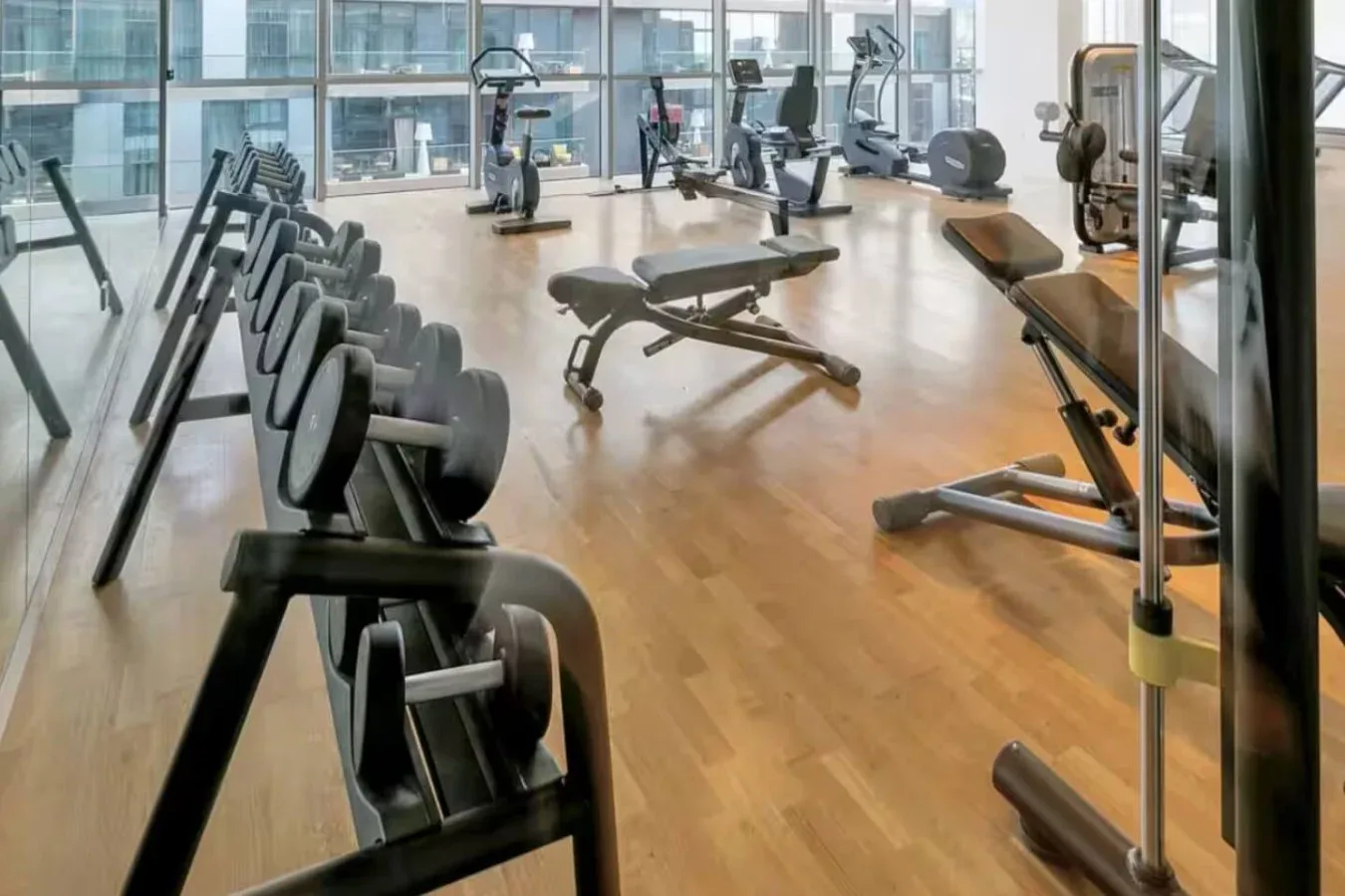 Un gimnasio con bancos de pesas, mancuernas y máquinas de ejercicio junto a grandes ventanales.