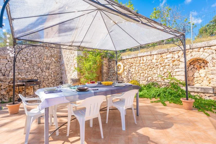 An outdoor dining area with a table and chairs beneath a canopy.