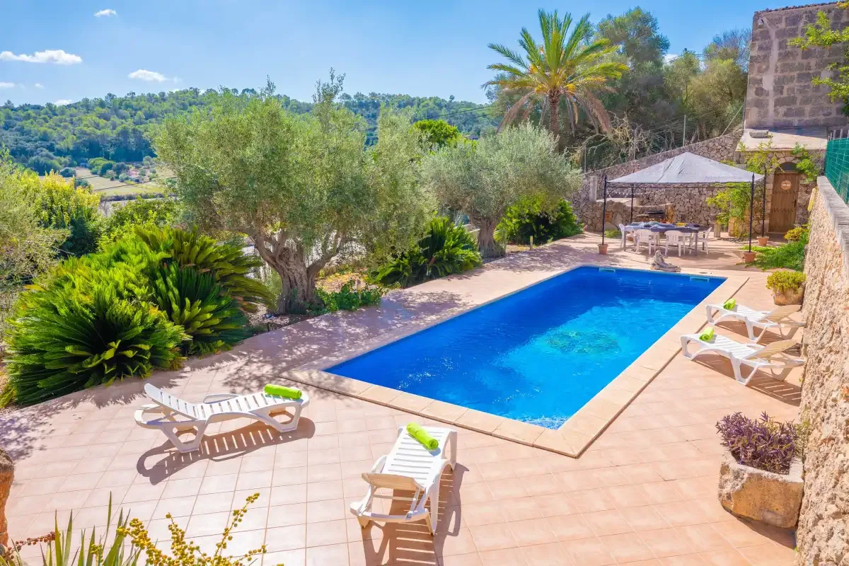 An outdoor swimming pool sits among trees and lounge chairs.