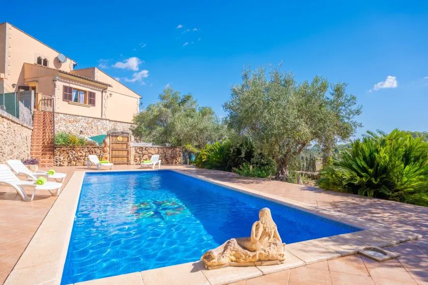 An outdoor swimming pool is surrounded by a paved deck and greenery.