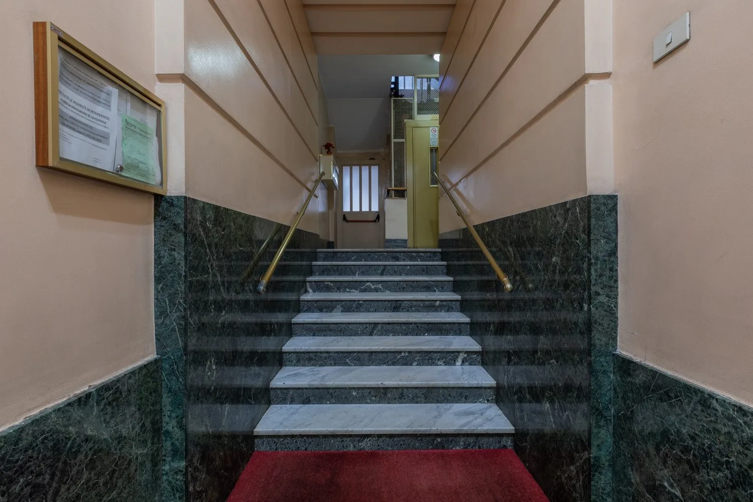 An indoor stairway with dark stone steps and a red carpet at the bottom.