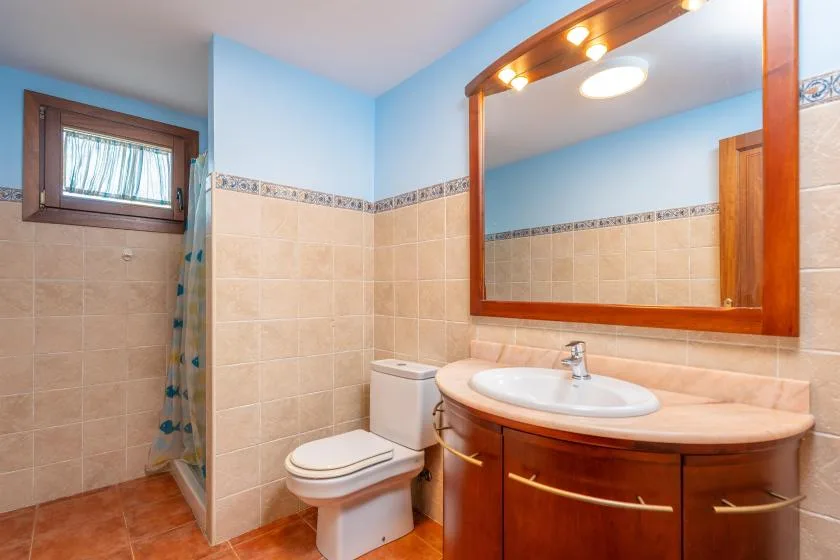 Un baño con lavabo, inodoro y ducha.