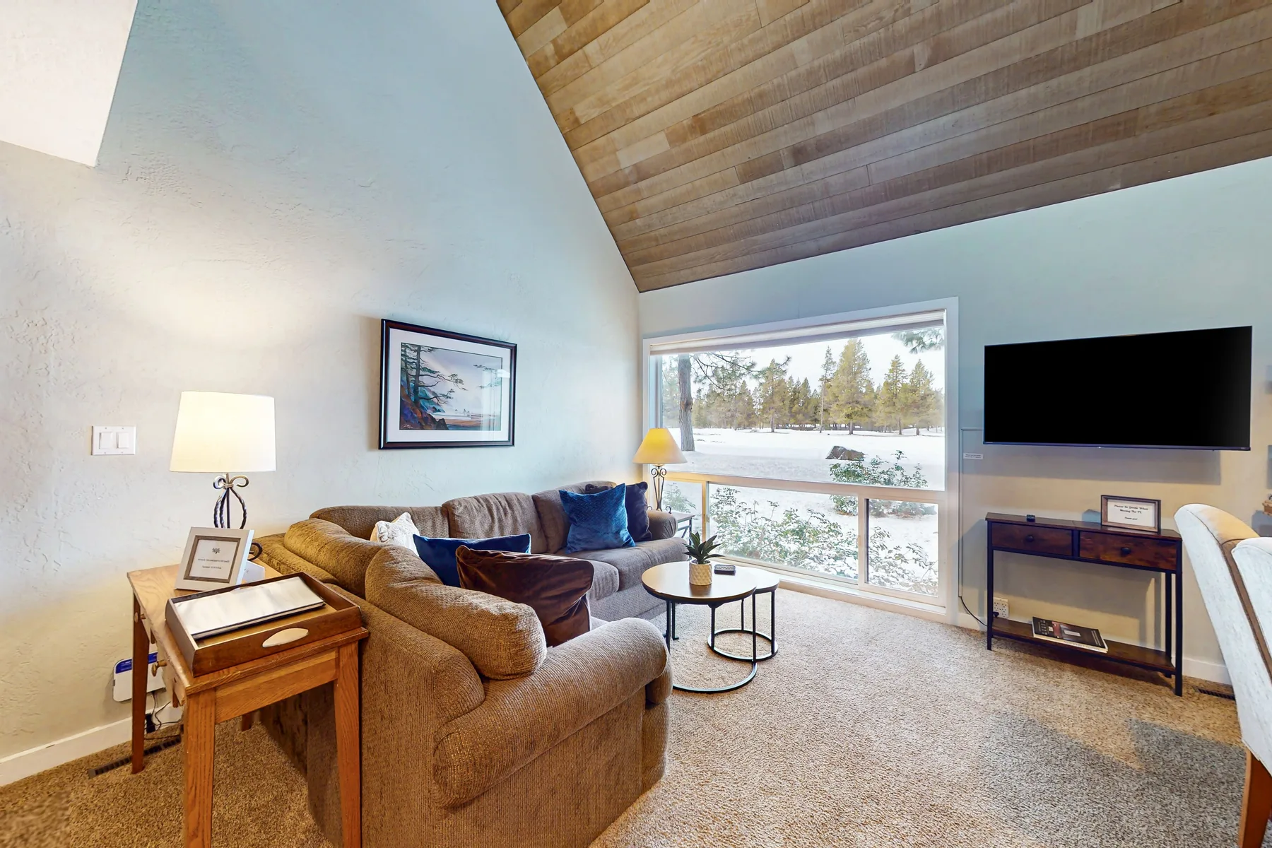 Living room with seating, a television, and a large window overlooking snowy trees.