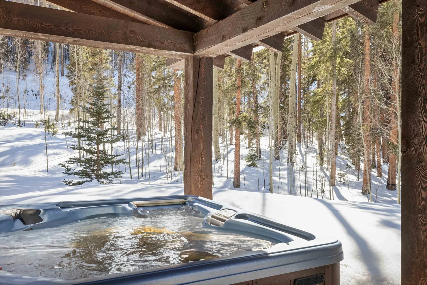 A hot tub sits beneath a wooden shelter overlooking a snowy forest.