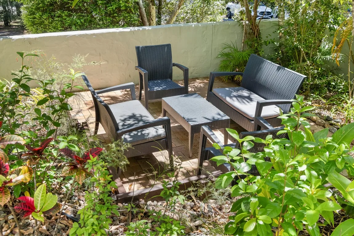 An outdoor seating area sits among leafy plants beside a low wall.