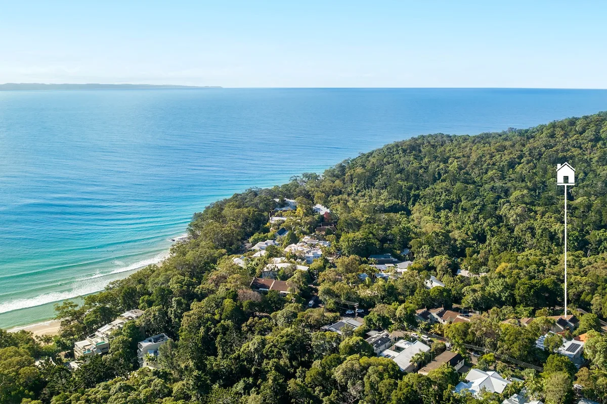 Aerial view of a wooded coastal neighborhood beside the ocean.