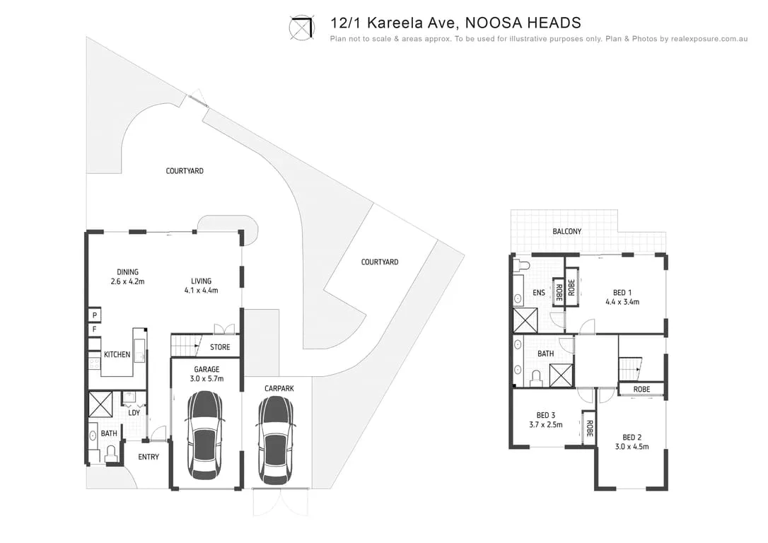 A residential floor plan shows living areas, bedrooms, a courtyard, and a garage.