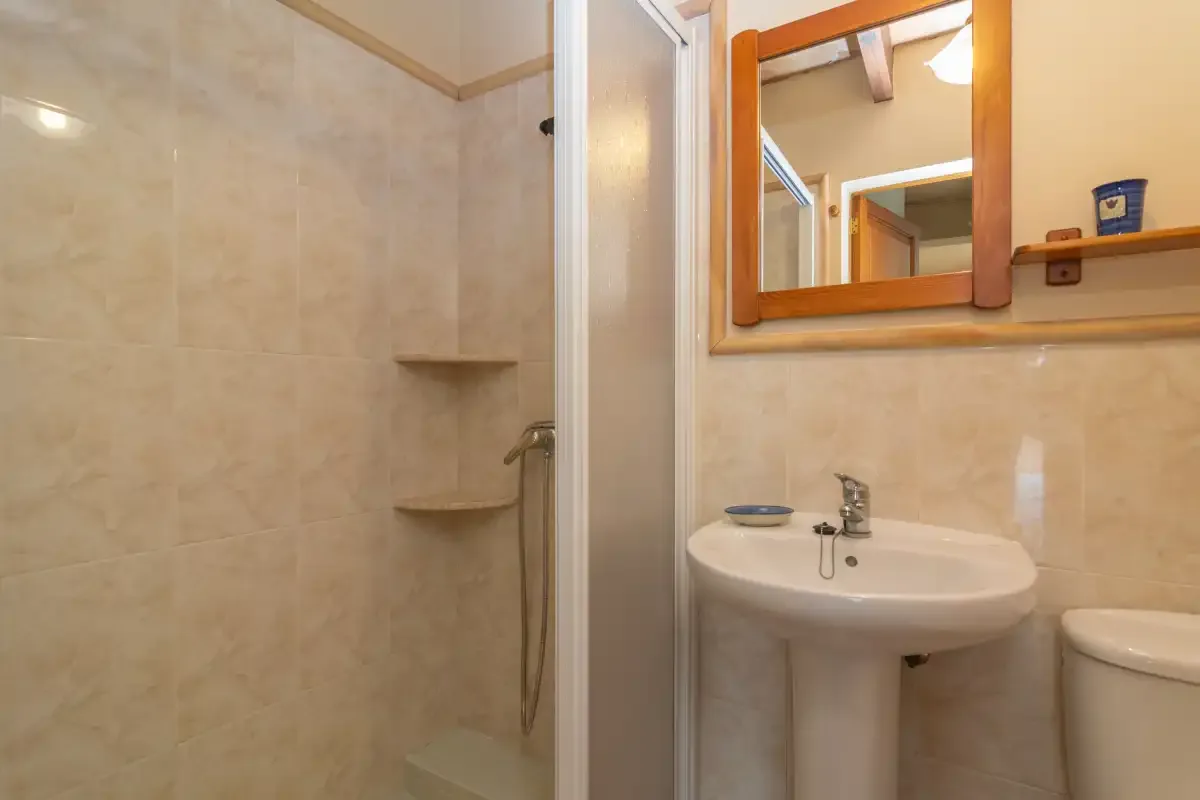 A bathroom with a shower, sink, and mirror.