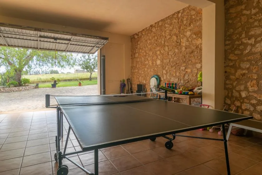 A table tennis table fills a covered recreation area with an open view of the grounds.