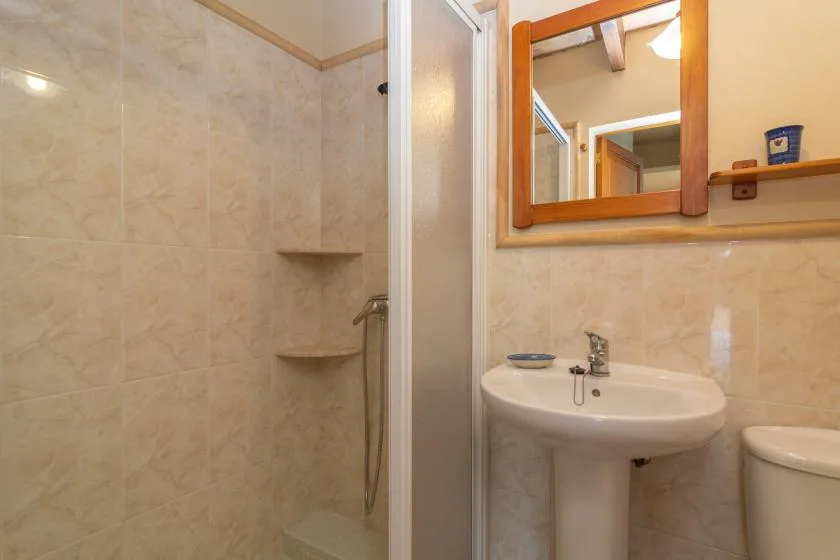 A bathroom with a sink, mirror, and glass shower enclosure.
