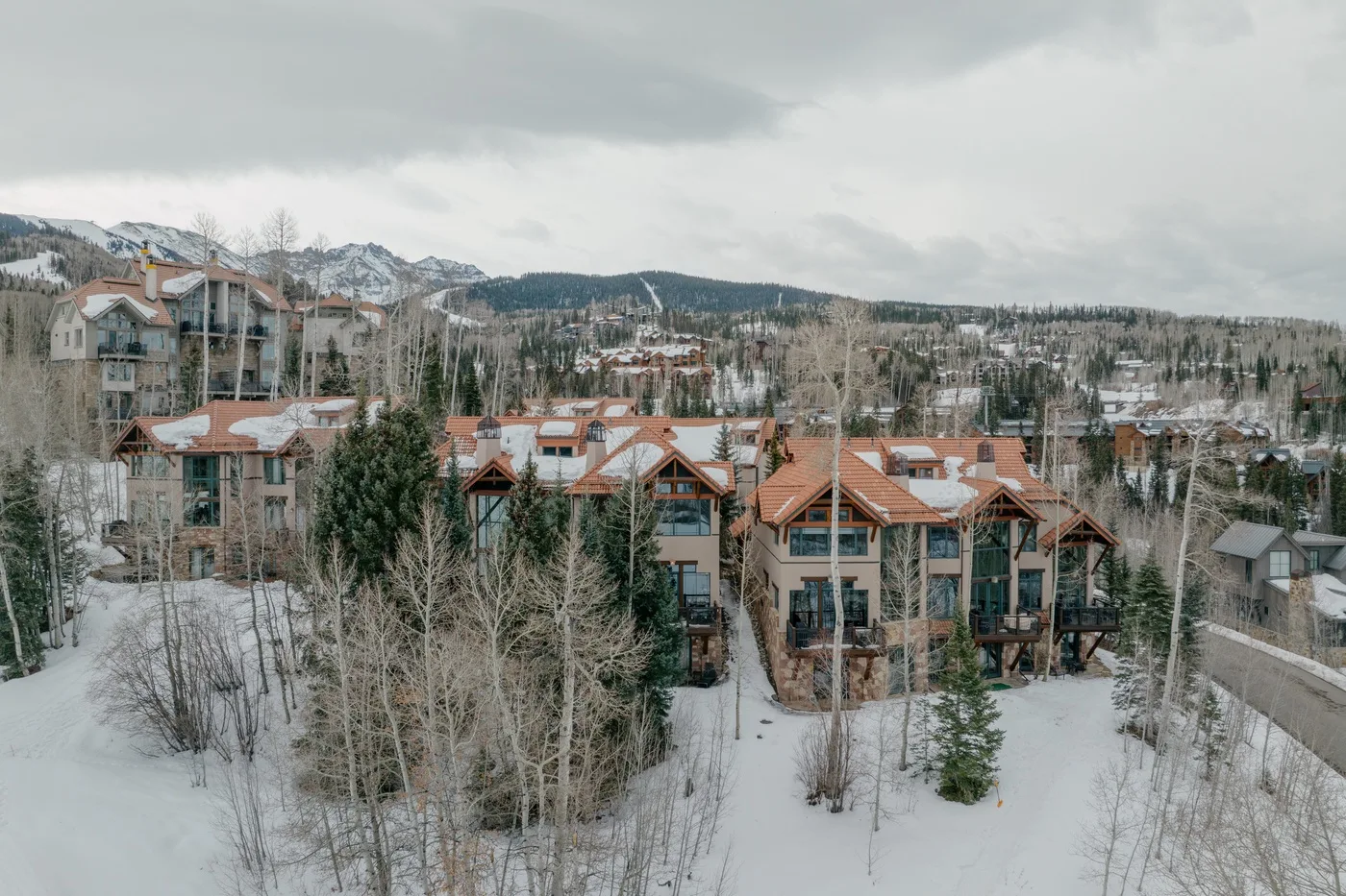 Edificios residenciales cubiertos de nieve se encuentran entre árboles, con colinas boscosas al fondo.
