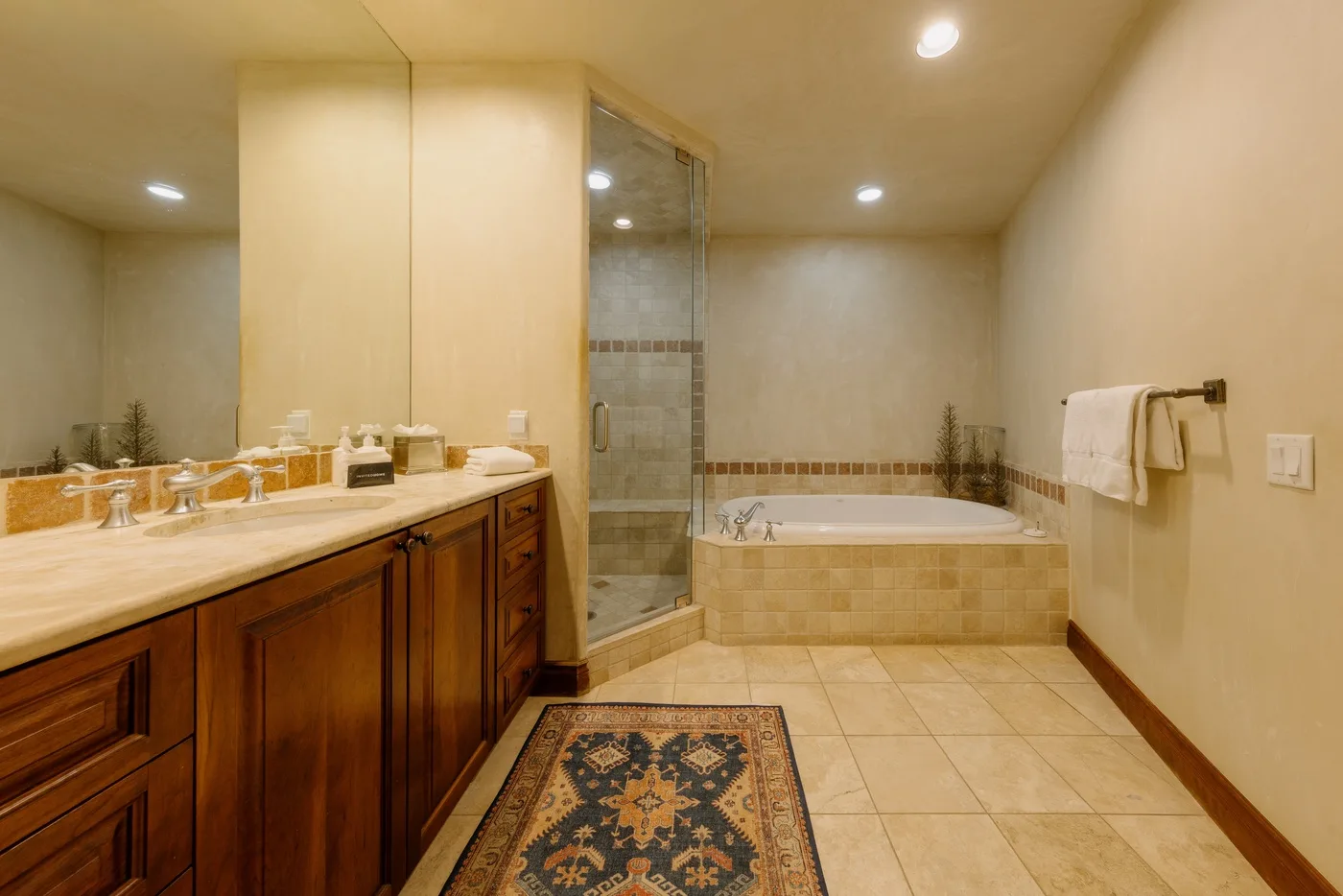 Un baño amplio con un tocador largo, una ducha con azulejos y una bañera.