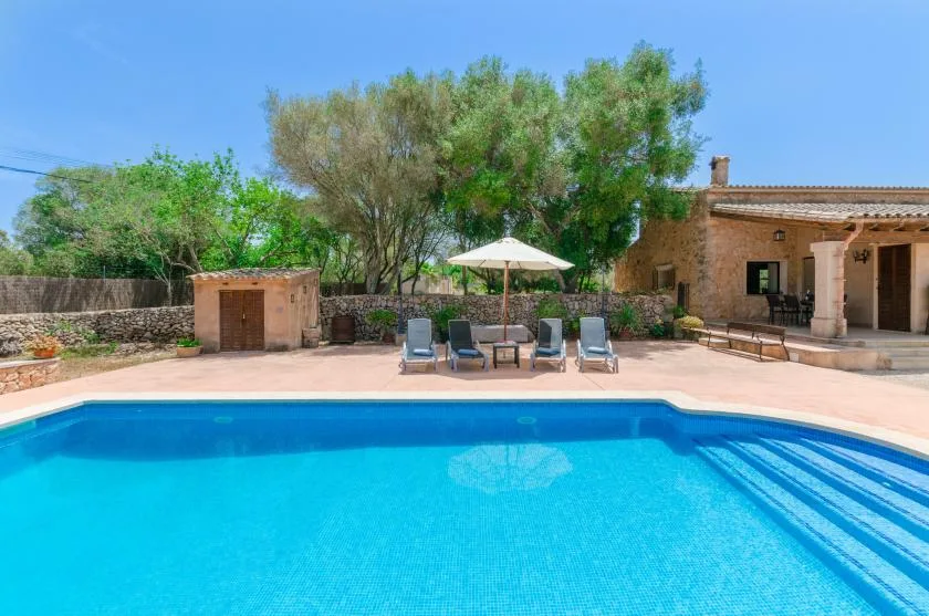 An outdoor swimming pool with lounge seating and a shaded patio beside it.