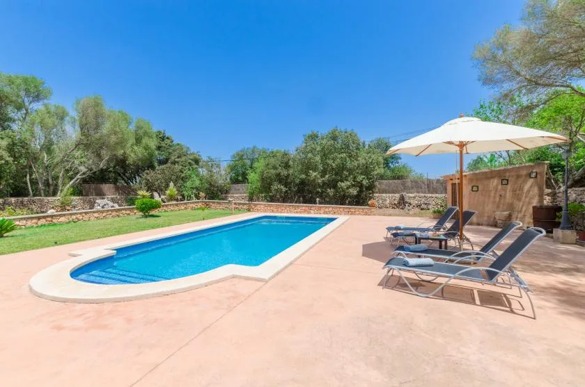 An outdoor swimming pool sits beside a paved patio with lounge seating and an umbrella.