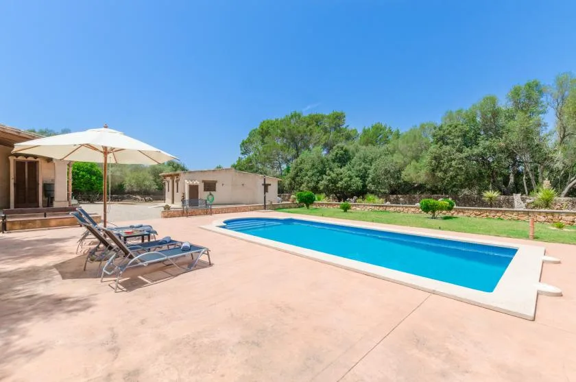 An outdoor swimming pool sits beside a paved patio with lounge seating.