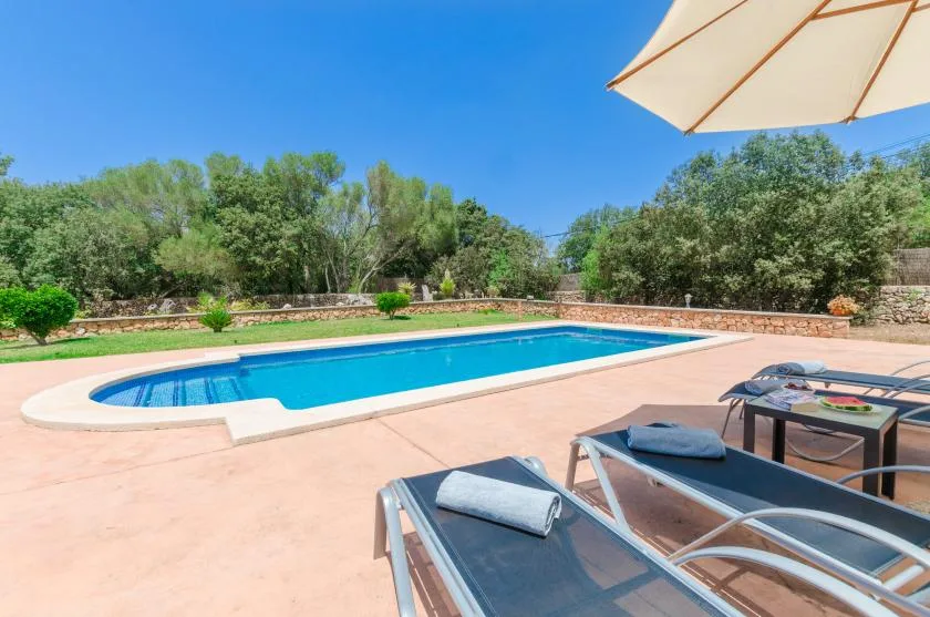 An outdoor swimming pool beside lounge seating, with trees in the background.
