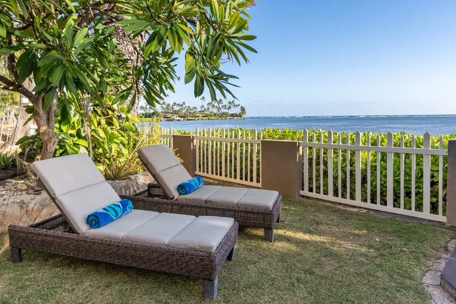 Outdoor loungers sit beneath leafy trees beside a railing overlooking the ocean.