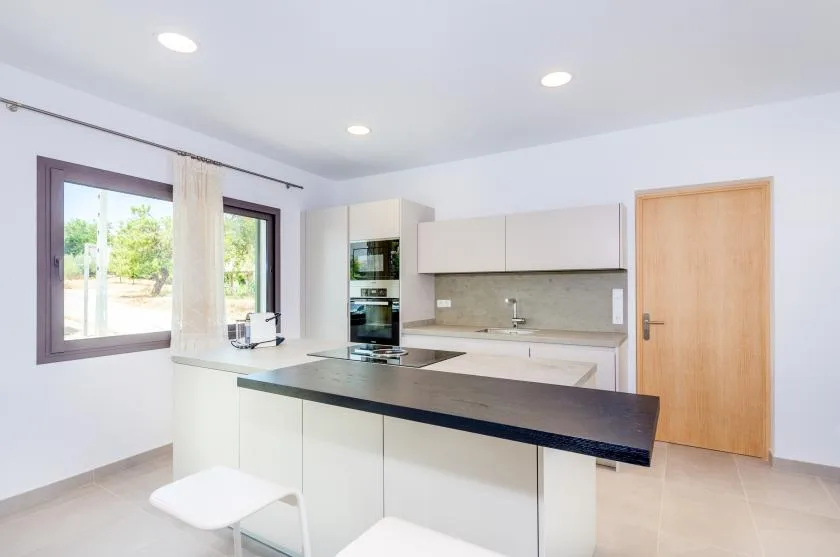 A bright modern kitchen with pale cabinets and a dark countertop.
