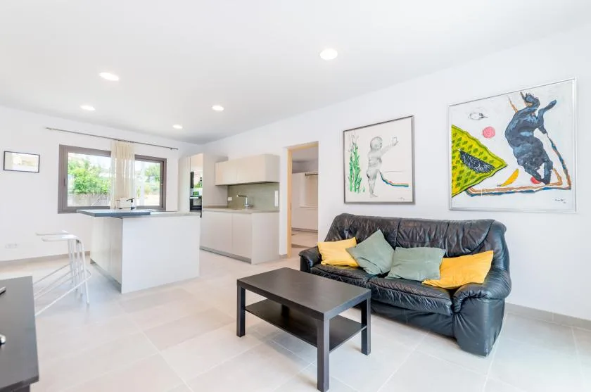A bright open-plan living area with a dark sofa beside a kitchen.