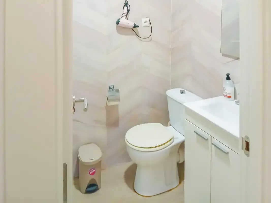 Un baño con inodoro, lavabo y secador de pelo montado en la pared.