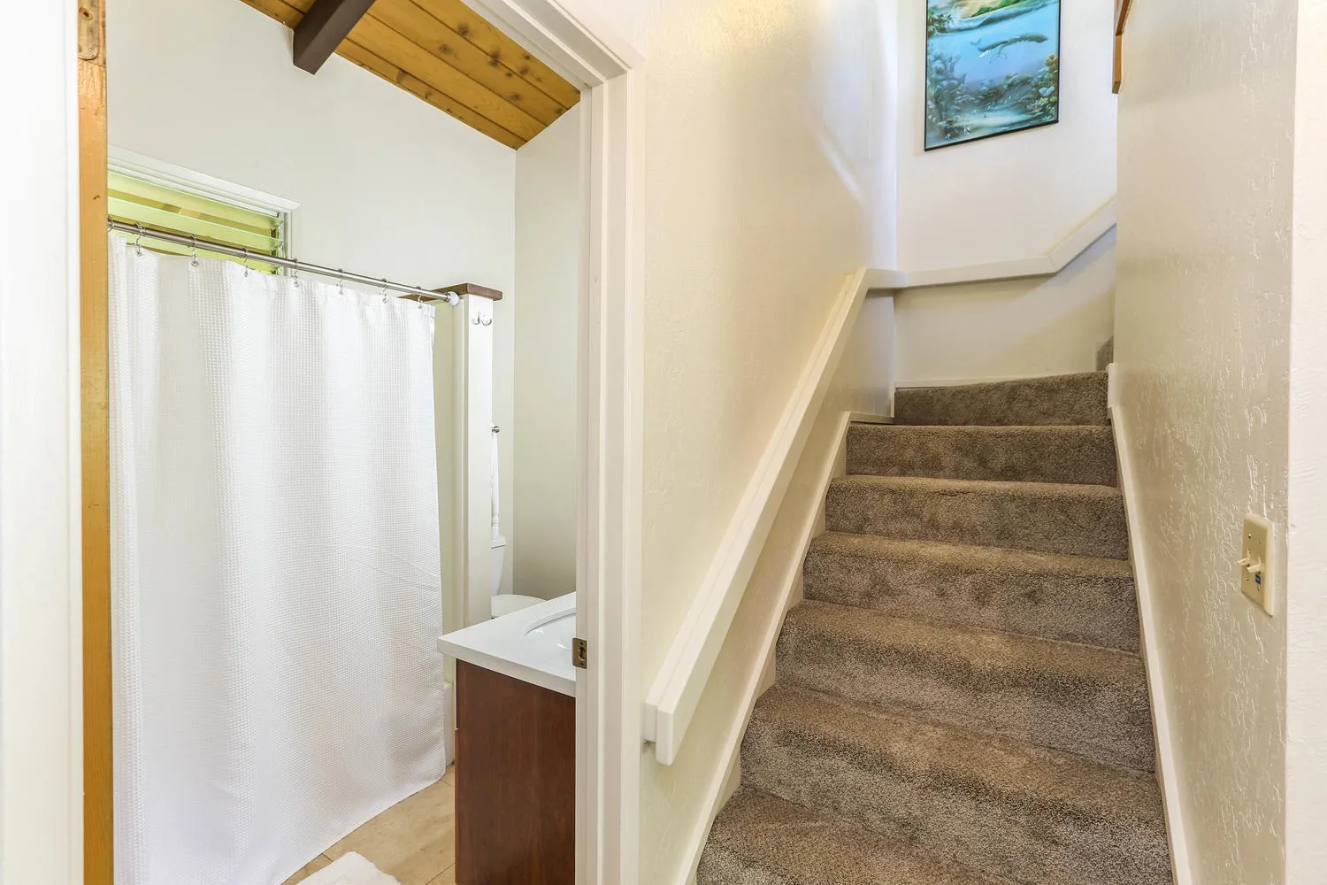 An interior stairway beside a bathroom vanity and shower curtain.