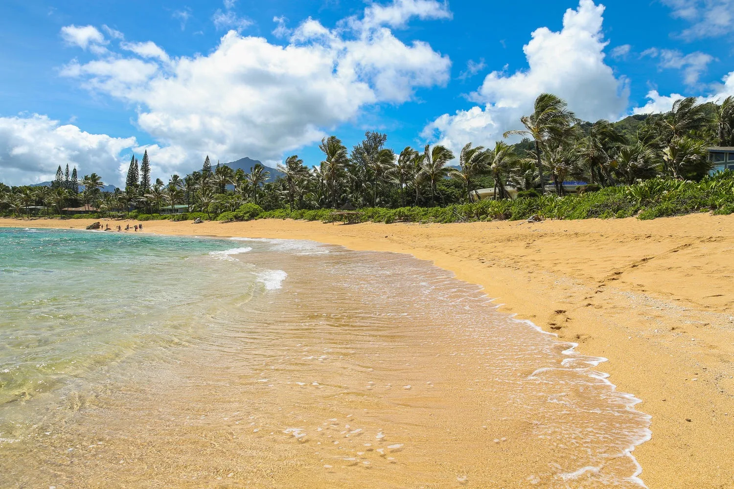 A sandy beach curves along clear shallow water beneath a partly cloudy sky.