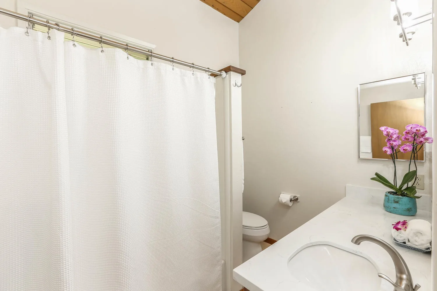 A bathroom with a curtained shower, sink, and mirror.