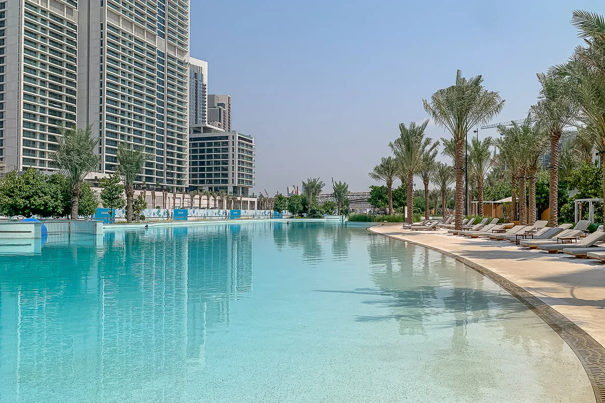A large outdoor swimming pool bordered by palm trees and lounge seating.